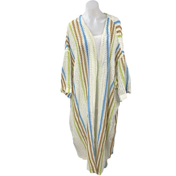 Asos Multicolor Striped Knit Crochet Kimono Open Long Cardigan Beach Cover Up L - Picture 1 of 6